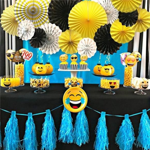 Party Hanging Paper Fans Set, Yellow Round Pattern Paper Garlands Decoration - Picture 3 of 6